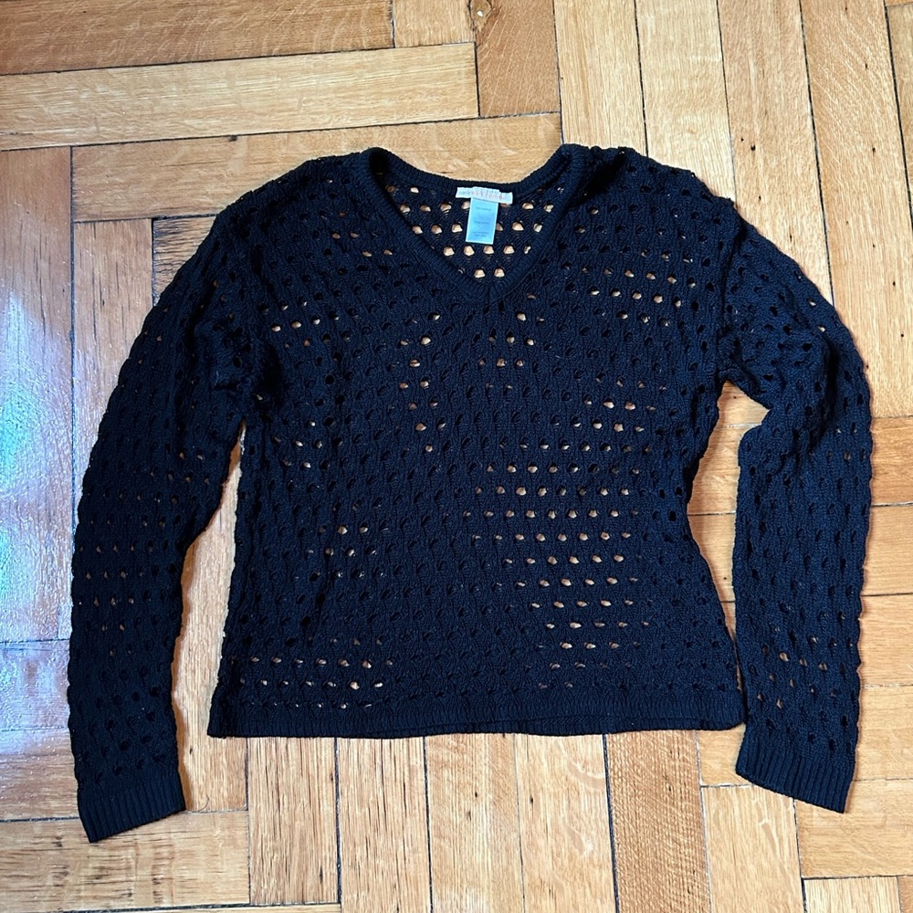 Sweet Romeo Open Knit V-Neck Sweater in Black; size XS. GUC!